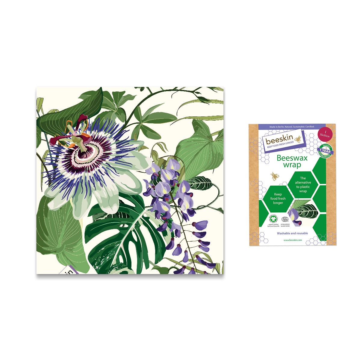 beeskin beeswax wrap passionflower next to packaging