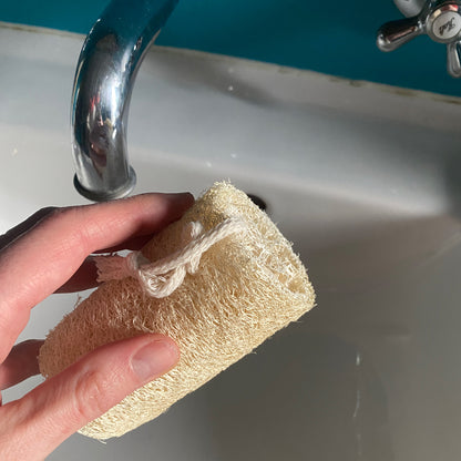 hand holding beeskin loofah under a water tap