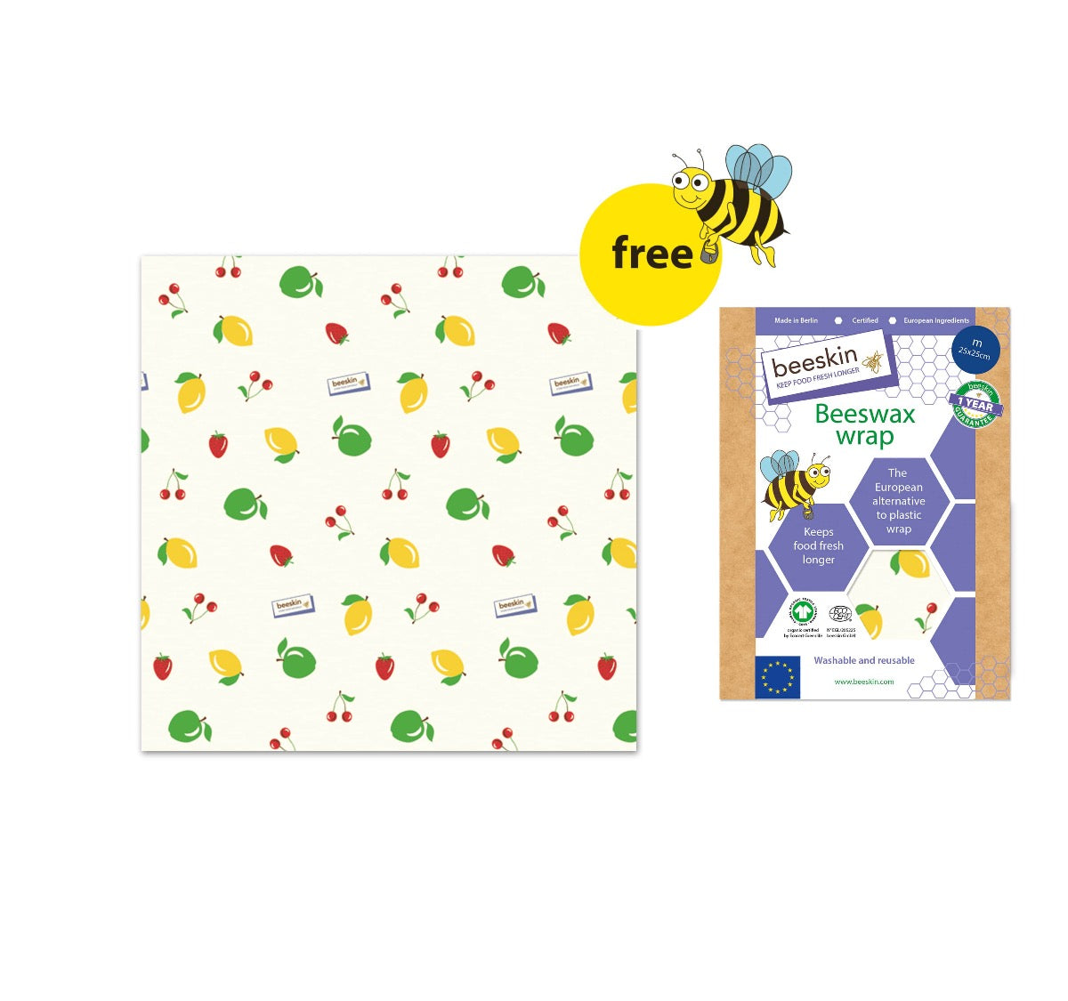 beeskin beeswax wrap fruit design and a big yellow button free with a funny bee next to packaging