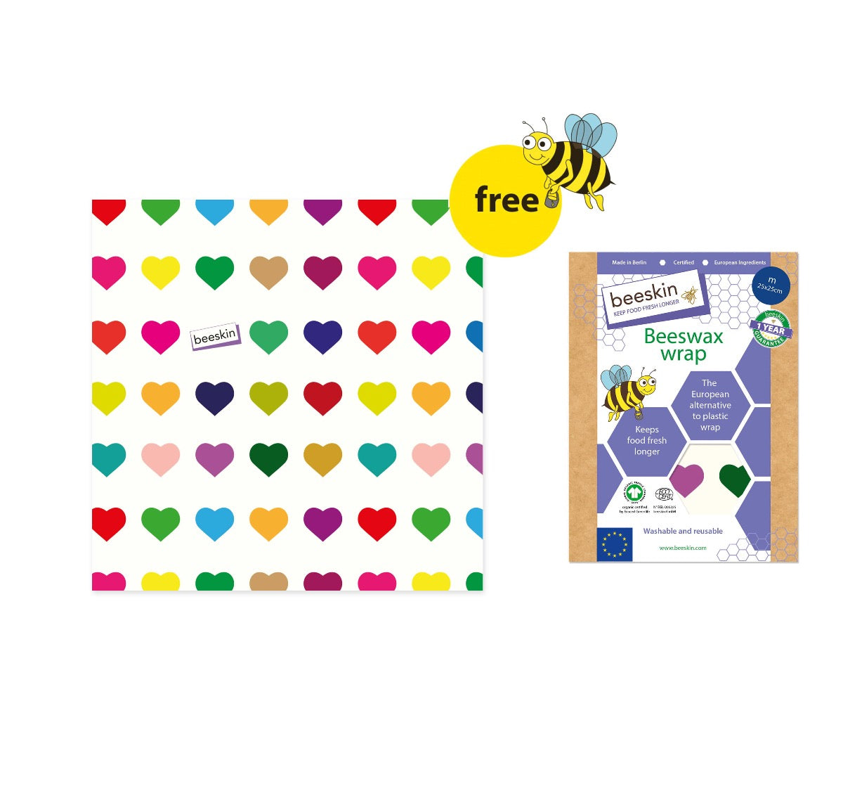 beeskin beeswax wrap colorful hearts and a big yellow button free with a funny bee next to packaging