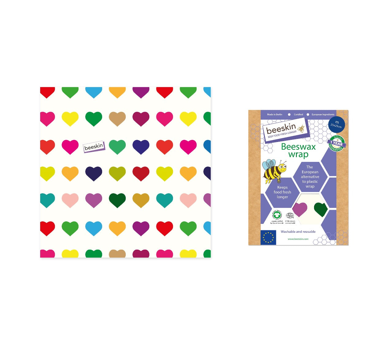 beeskin beeswax wrap m colorful hearts next to packaging