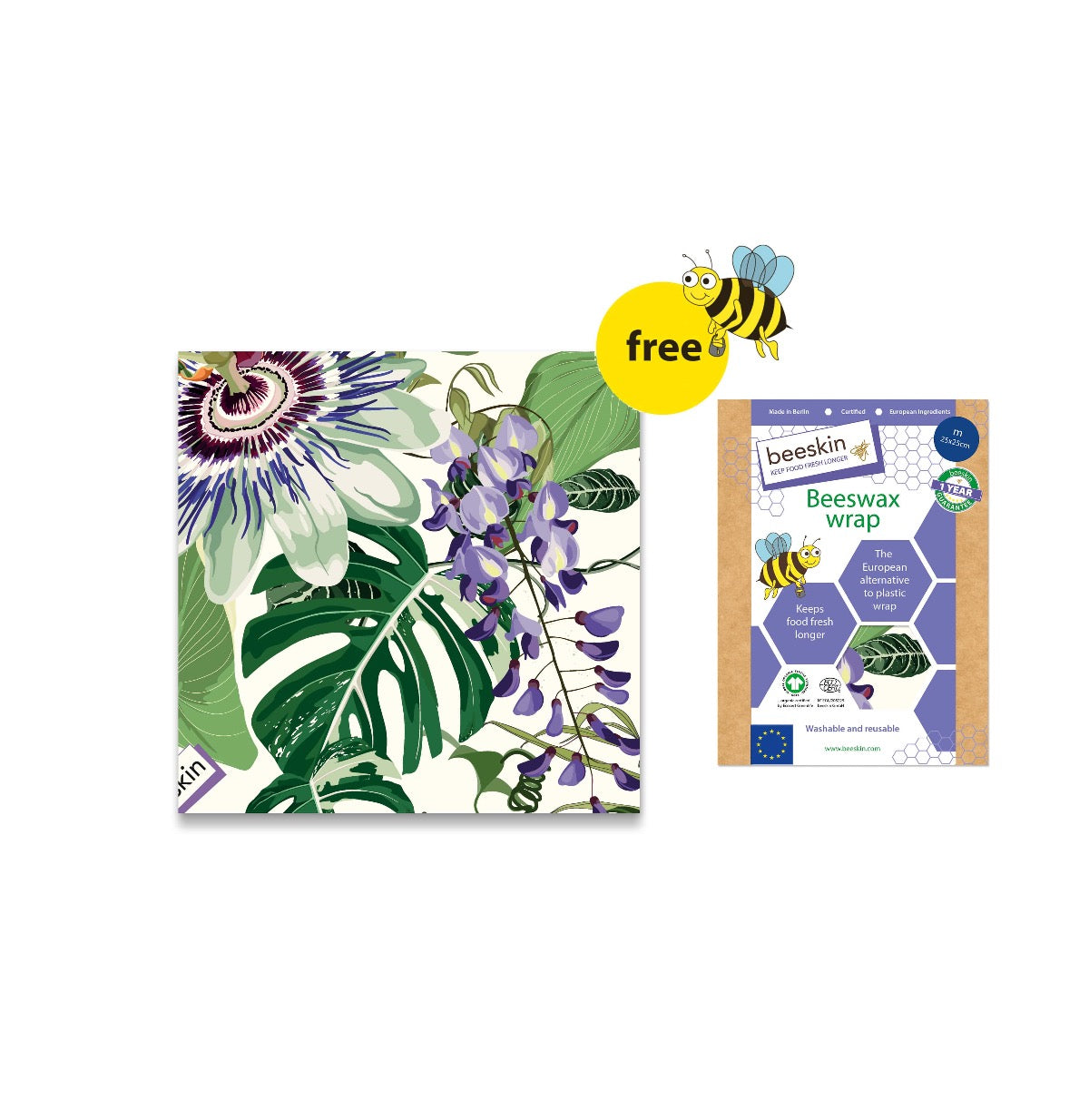 beeskin beeswax wrap passionflower design and a big yellow button free with a funny bee next to packaging