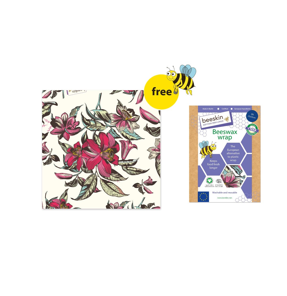 beeskin beeswax wrap victorian design and a big yellow button free with a funny bee next to packaging