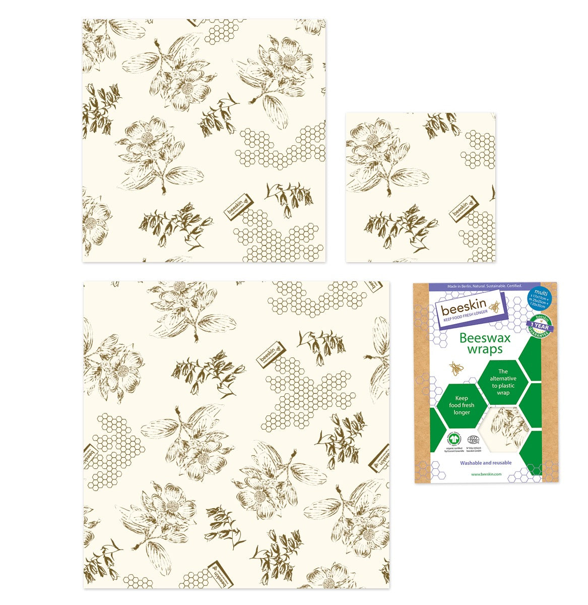 beeskin beeswax wrap multi flower next to packaging