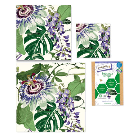 beeskin beeswax wrap multi purple passionflower next to packaging
