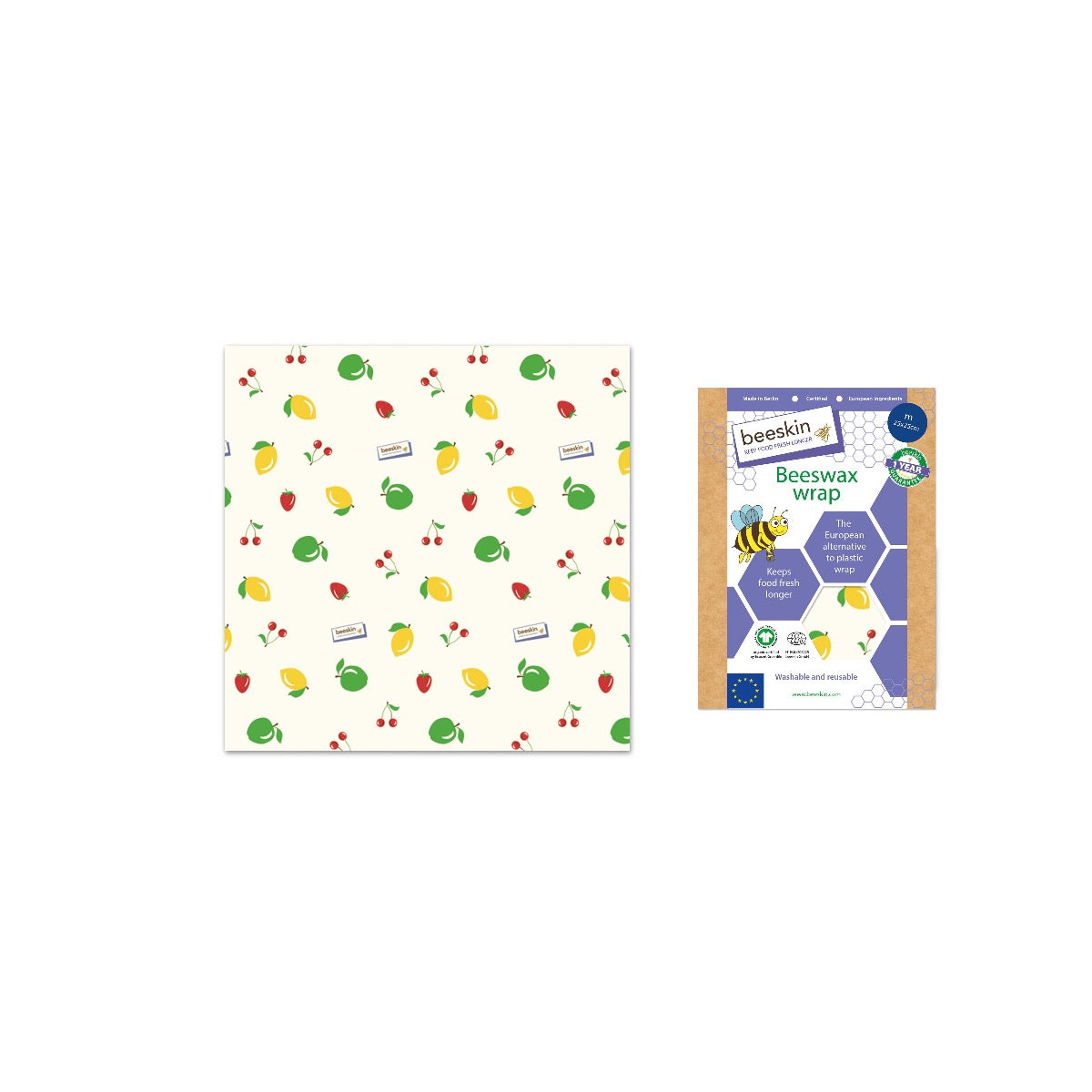 beeskin beeswax wrap m fruits next to packaging