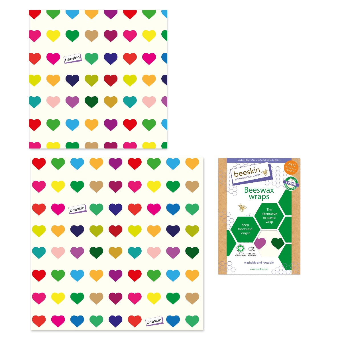 beeskin beeswax wrap ml colorful hearts next to packaging