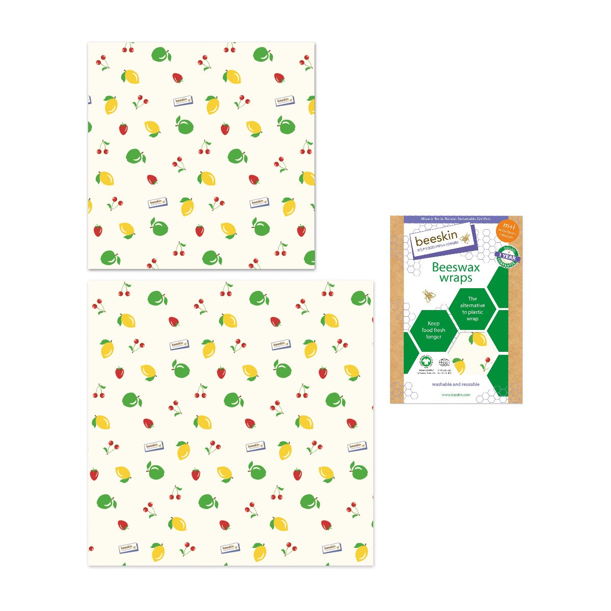beeskin beeswax wrap ml fruits next to packaging