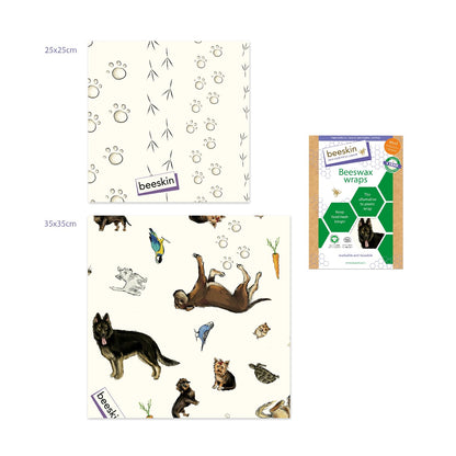 beeswax wraps in 2 sizes with dogs and other pets on it next to package