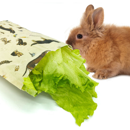 rabbit next to salad stored in a beeskin beeswax bag s with different animals on it