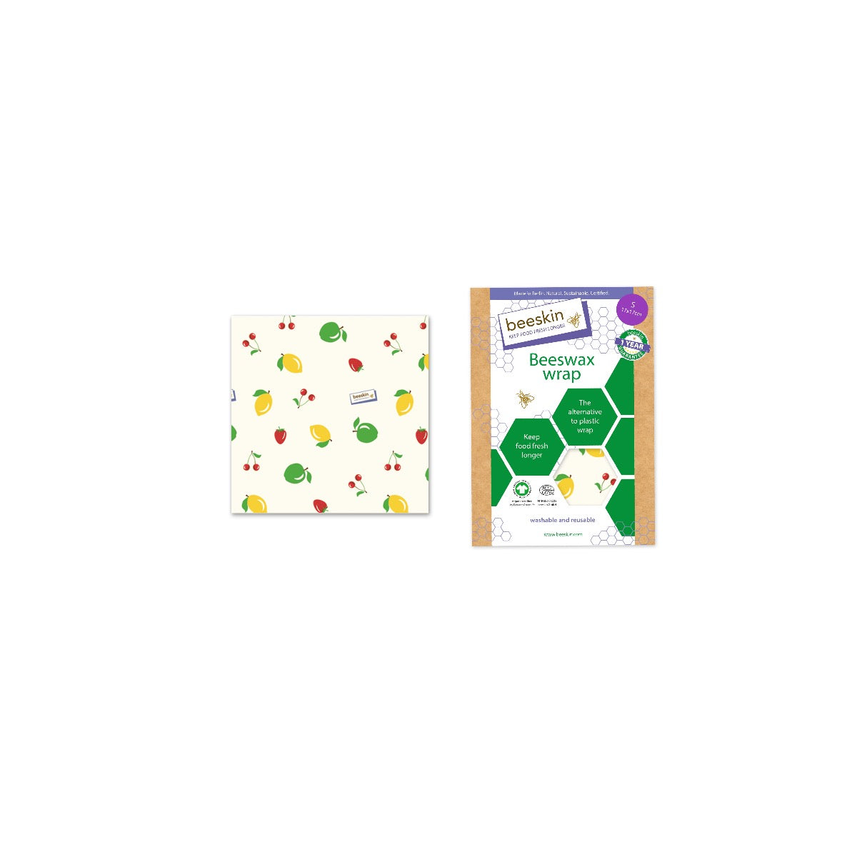 beeskin beeswax wrap s fruit next to packaging