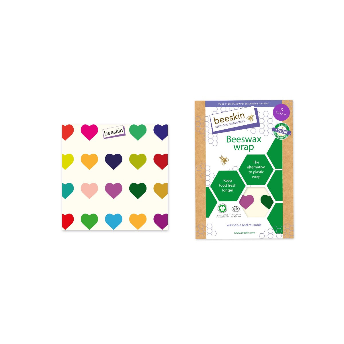 beeskin beeswax wrap s colorful hearts next to packaging