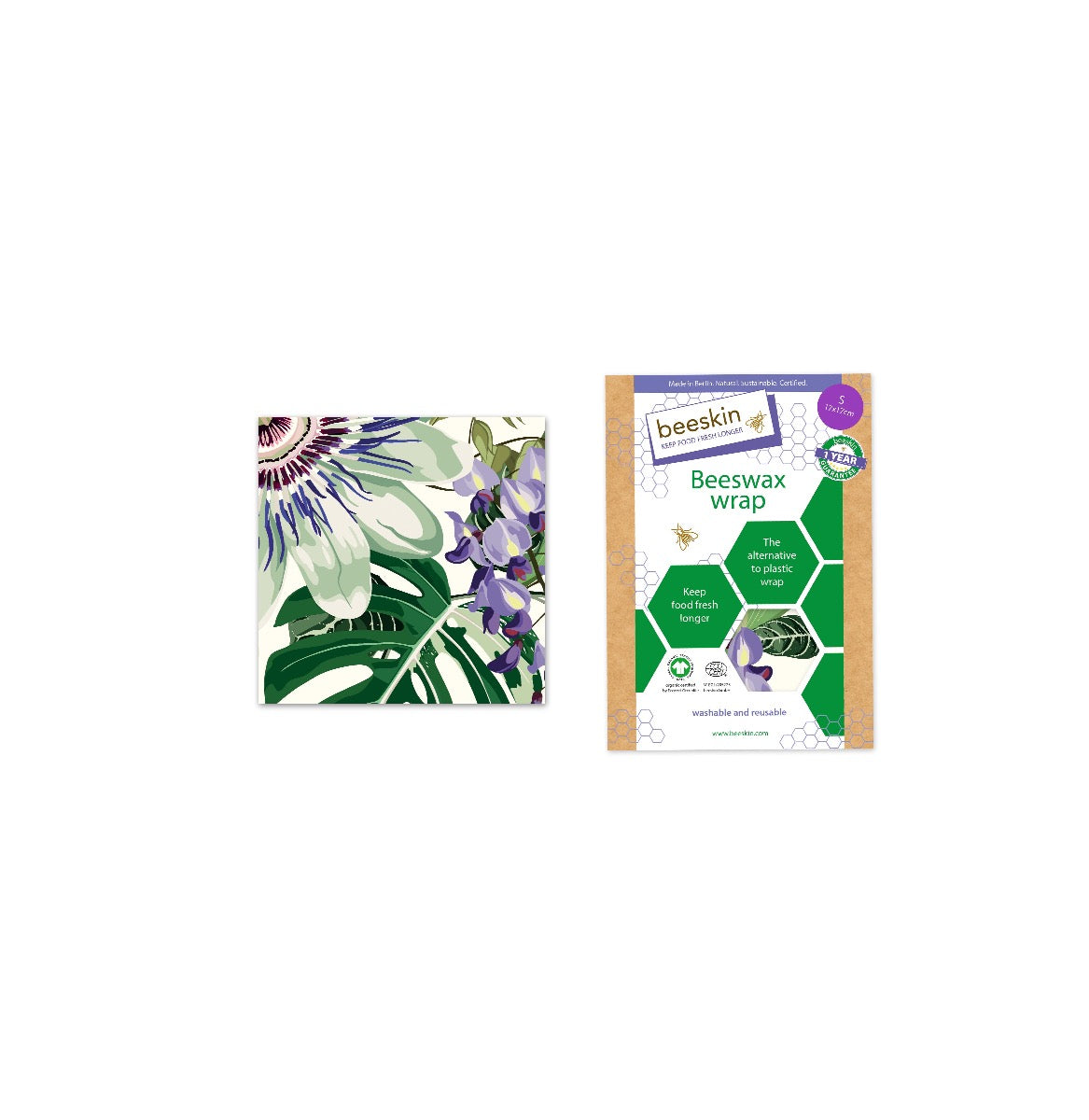 beeskin beeswax wrap s passionflower next to packaging