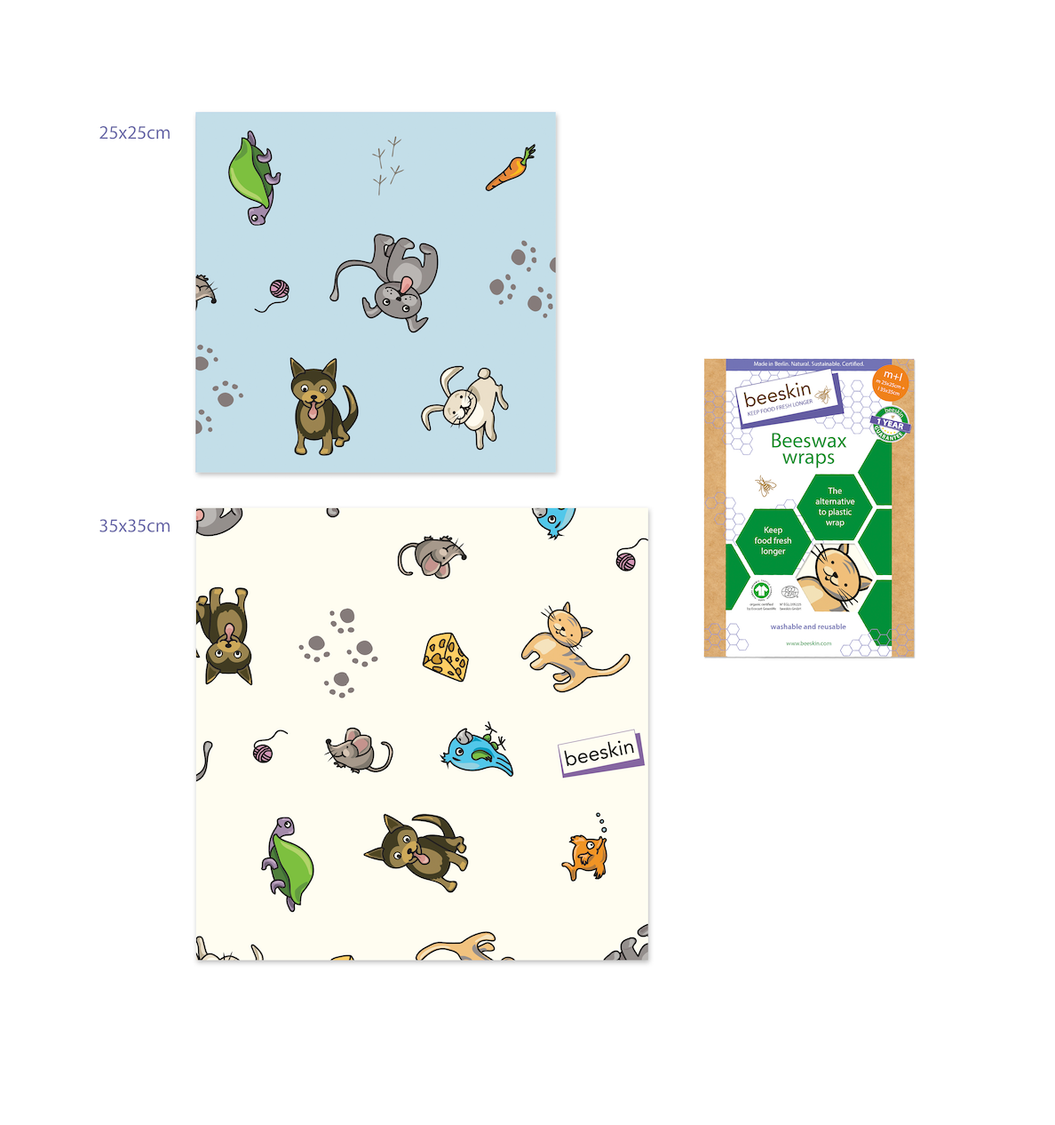 beeswax wraps size m and l with colorful pets on it next to package