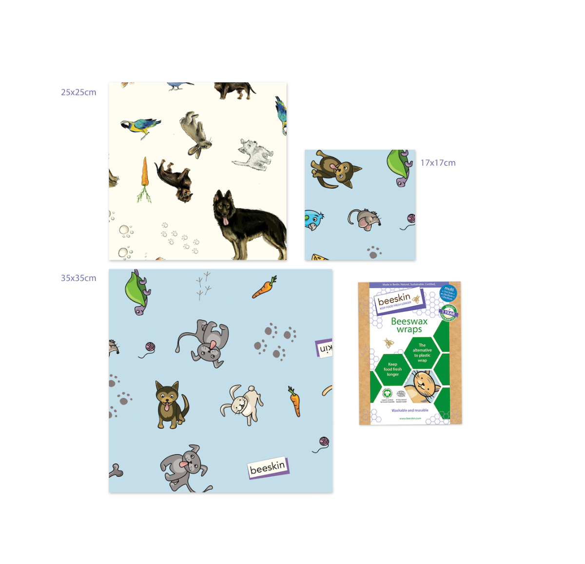 beeskin beeswax wrap multi pets Bruno natural and pets blue next to packaging