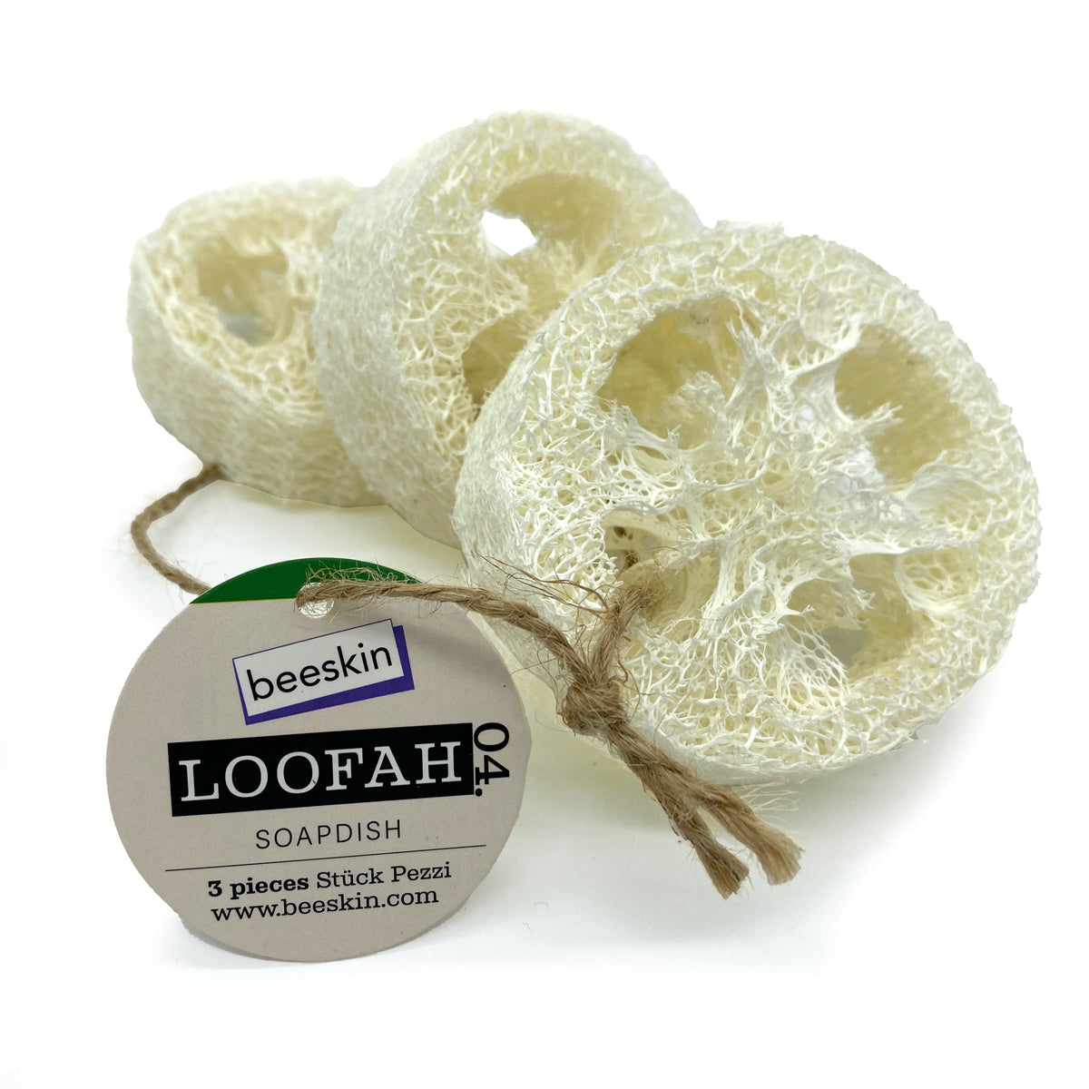 set of 3 beeskin loofah 04 hold together with a twine and a tag