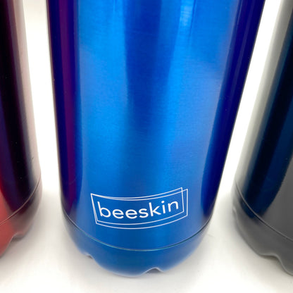 beeskin logo on blue thermobottle