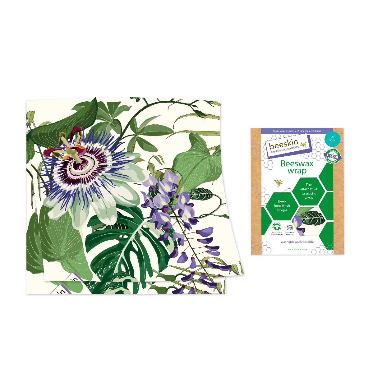 beeskin beeswax wrap xl  purple passionflower next to packaging