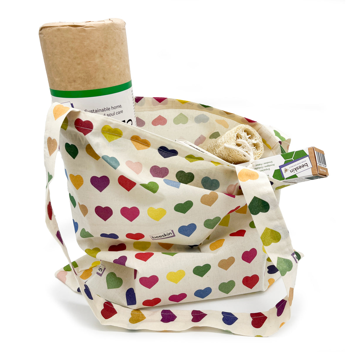 beeskin cotton shopping bag colorful hearts filled with bamboo roll, beeswax roll, loofah