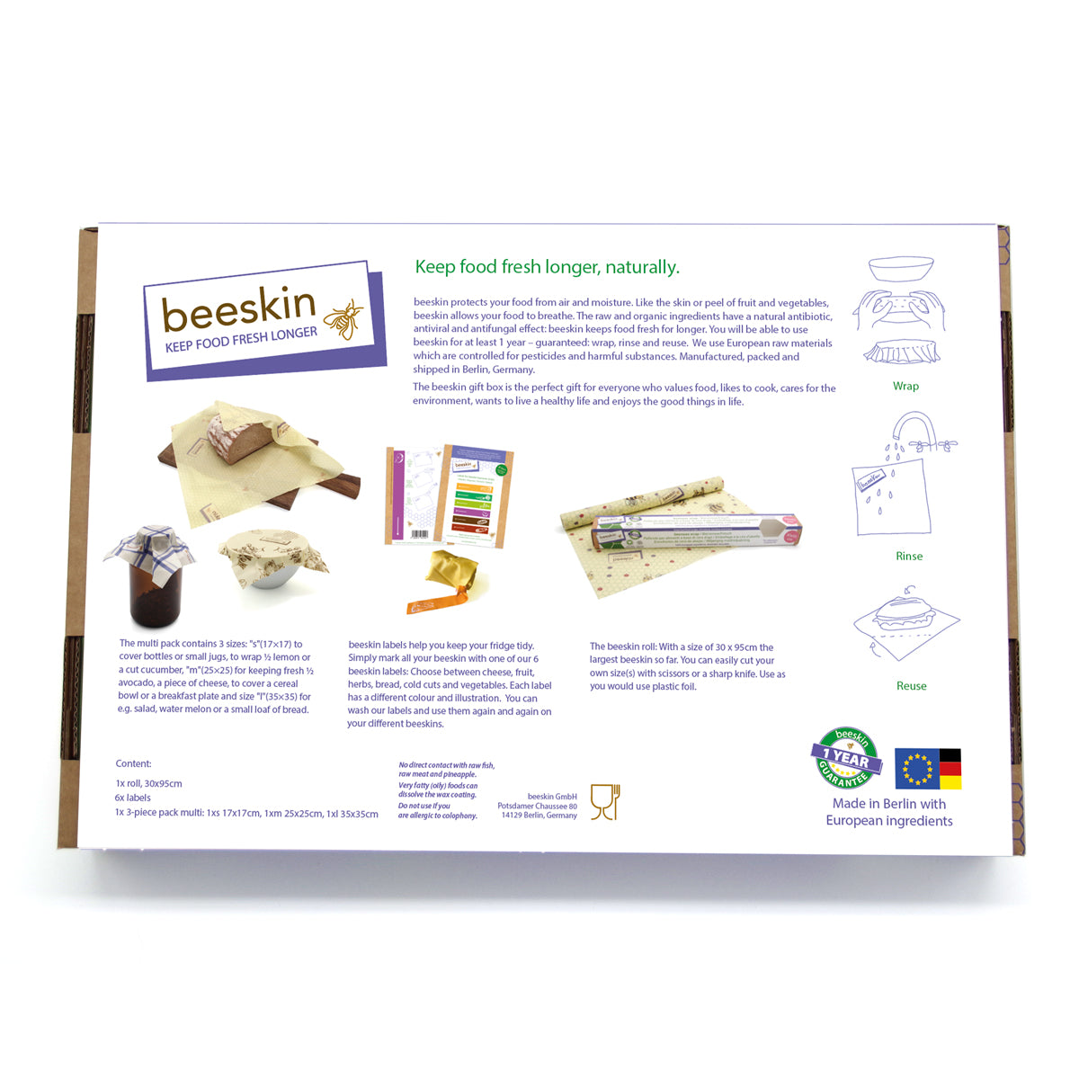 back beeskin packaging with detailed information