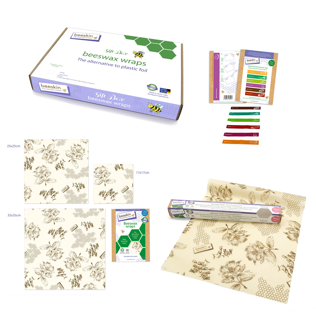 overview beeskin giftbox flower showing multi, roll and labels next to packaging 