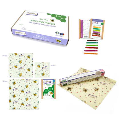 overview beeskin giftbox kids little bee showing multi, roll and labels next to packaging