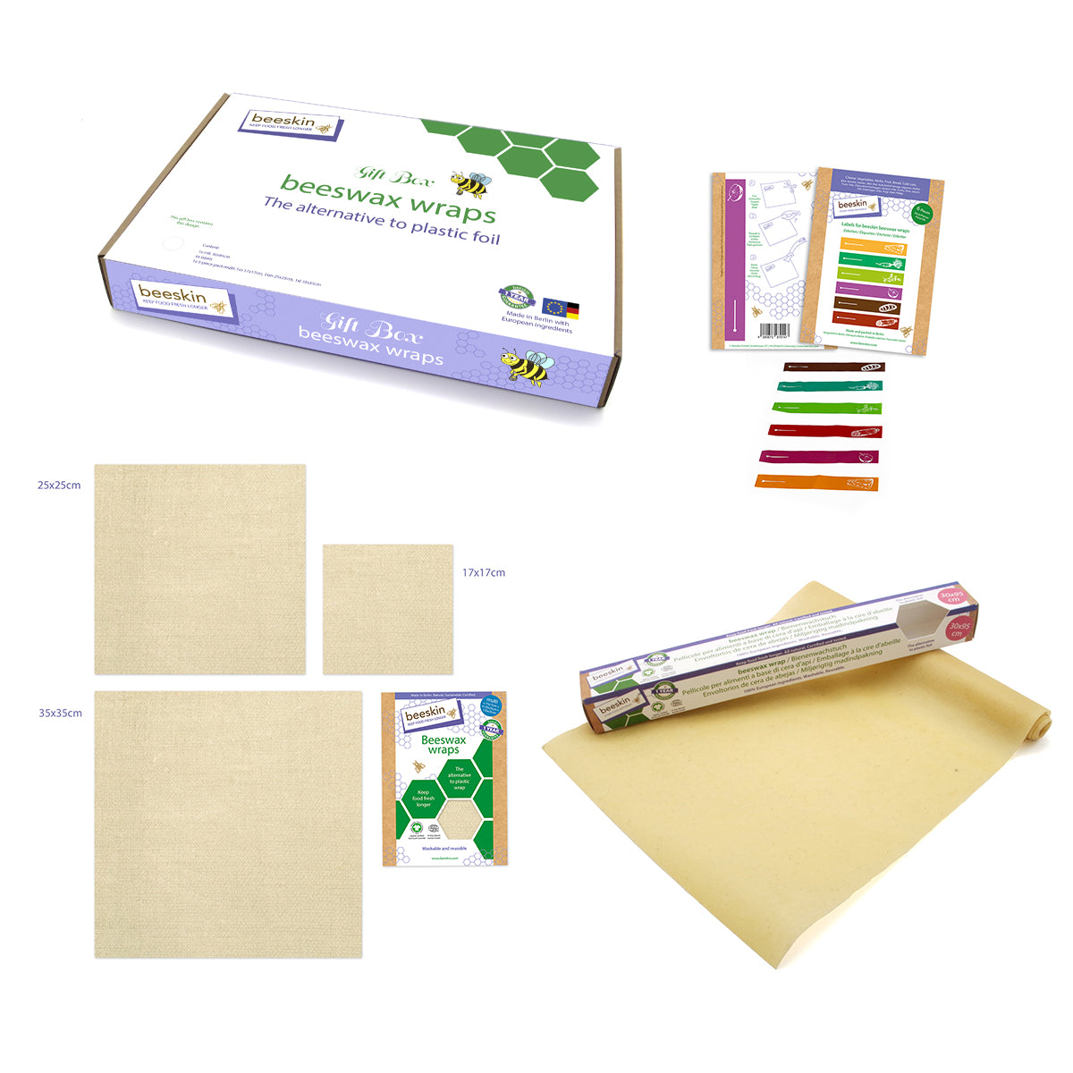 overview beeskin giftbox natural showing multi, roll and labels next to packaging