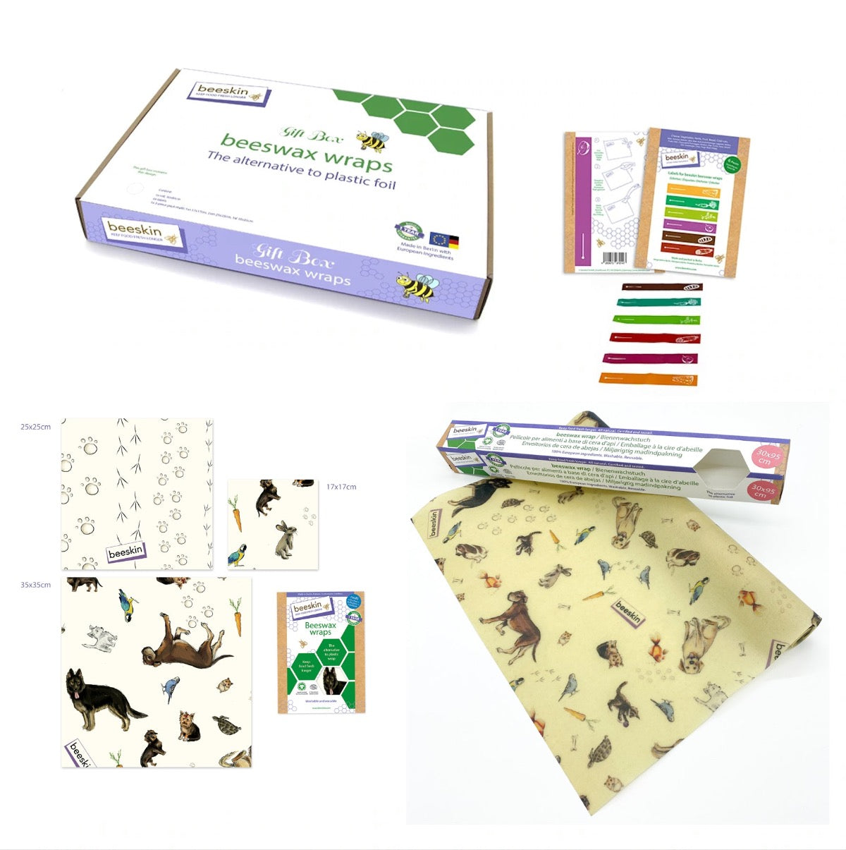 overview beeskin giftbox pets Bruno showing multi, roll and labels next to packaging