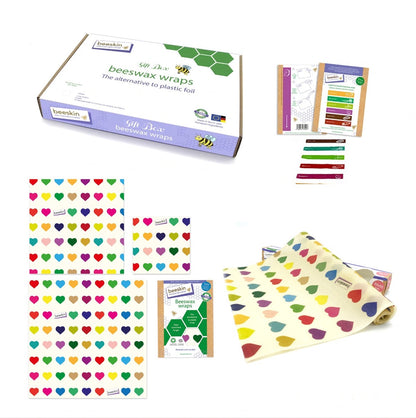 overview beeskin giftbox colorful hearts showing multi, roll and labels next to packaging