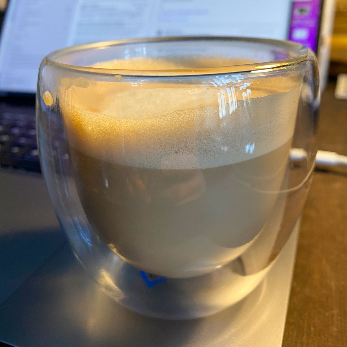 cappuccino in beeskin double walled glas 250ml next to the notebook