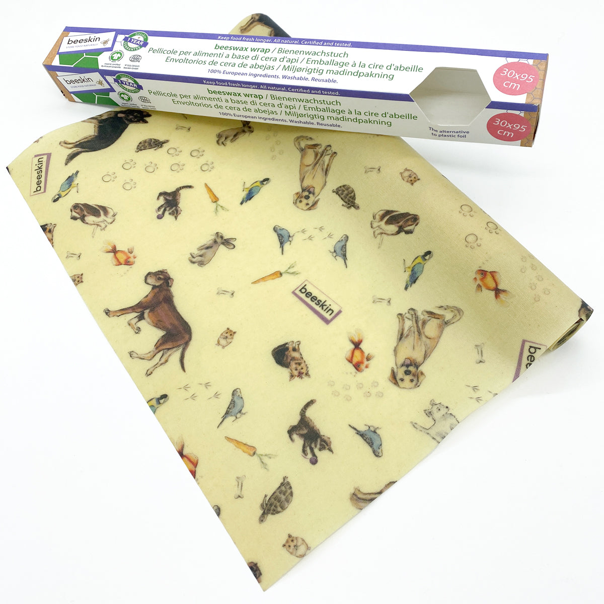 beeskin beeswax roll pets design next to packaging