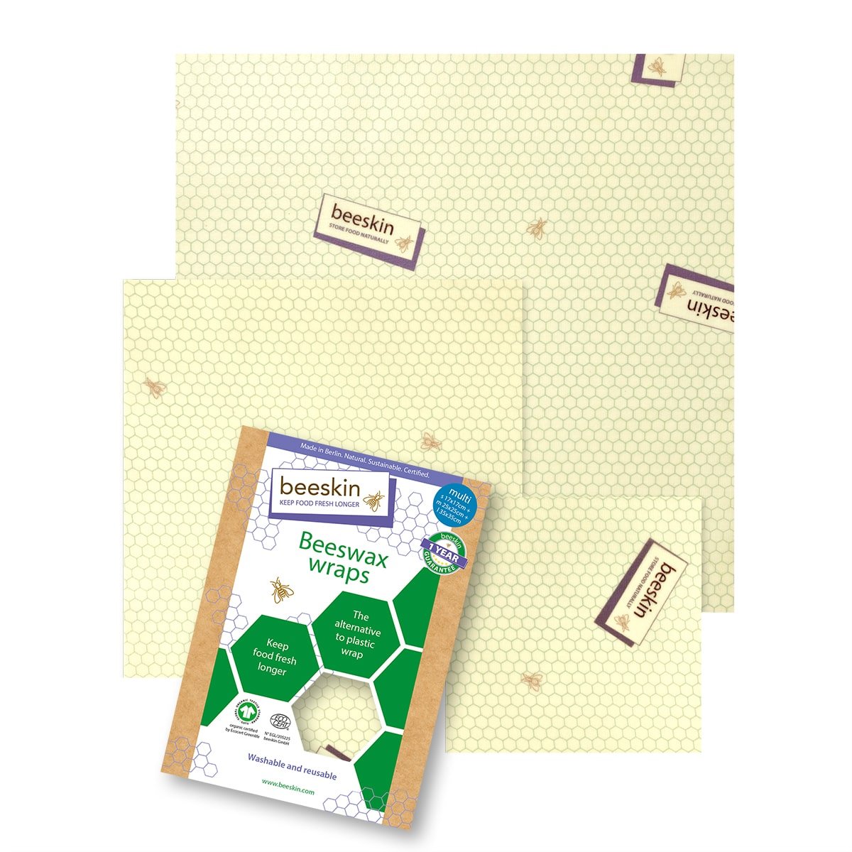English packaging for beeskin beeswax wraps . Product multi in 3 different sizes: s, m, l