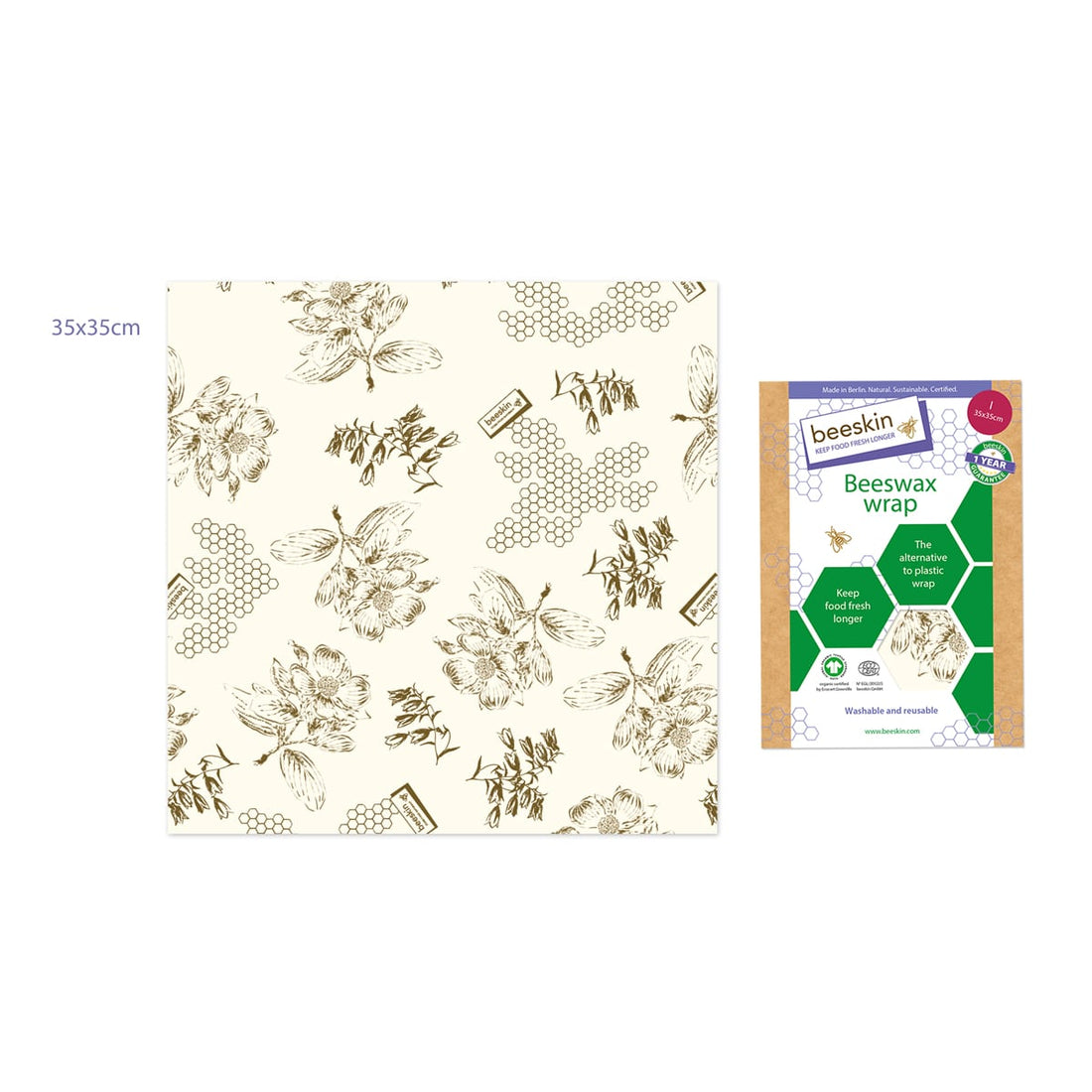 beeswax wrap size l flower next to the package