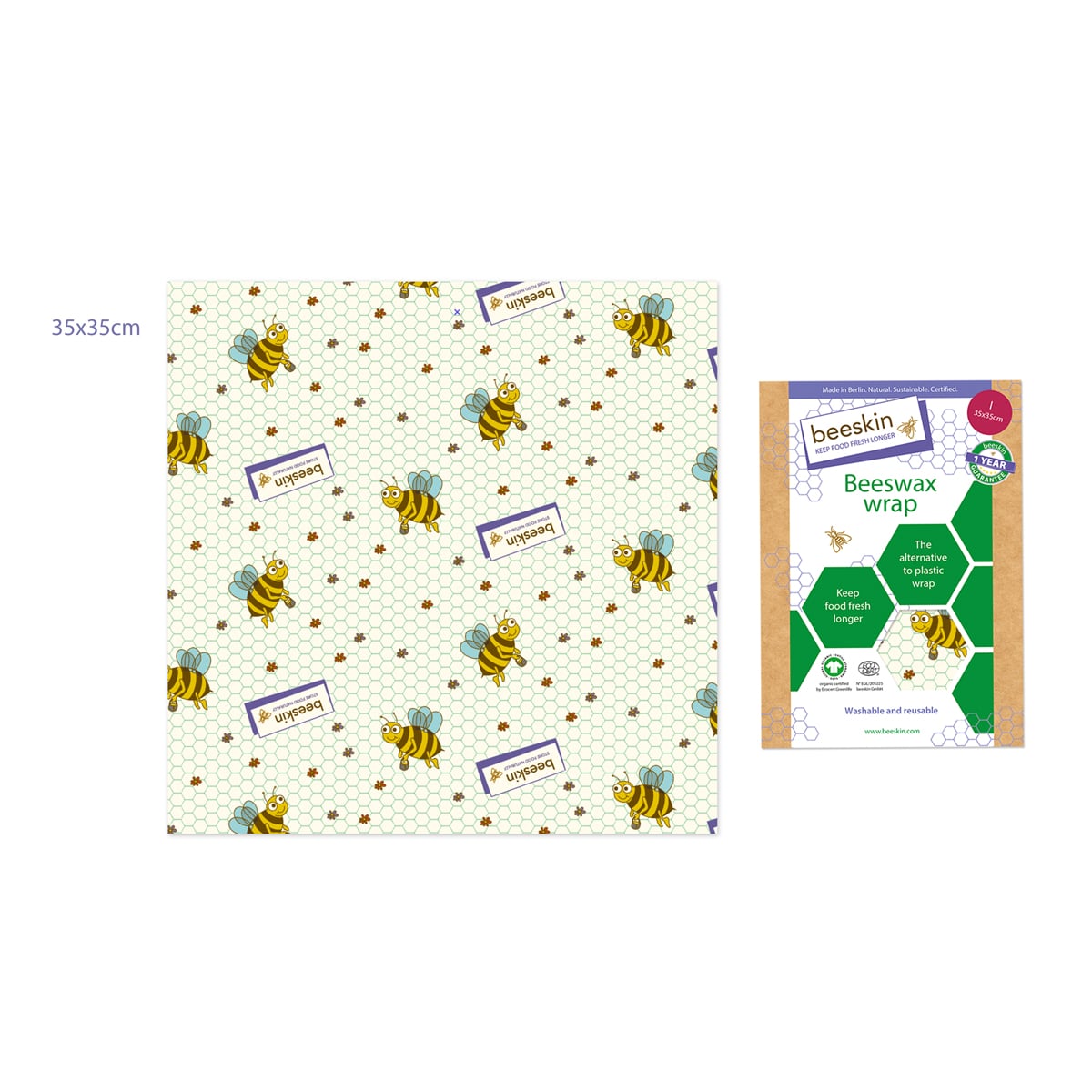 beeskin beeswax wrap size l kids design with funny bees next to the package