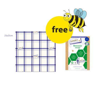 beeskin beeswax wrap kitchen design and a big yellow button free with a funny bee next to packaging