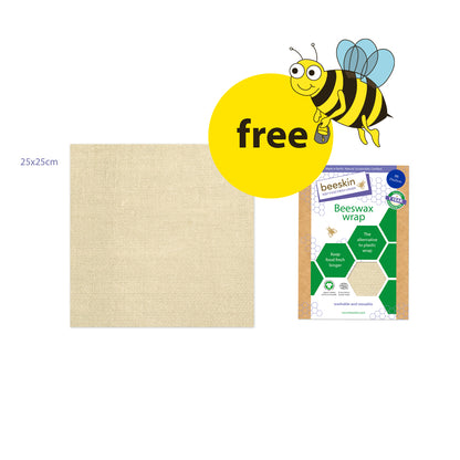 beeskin beeswax wrap natural and a big yellow button free with a funny bee next to packaging