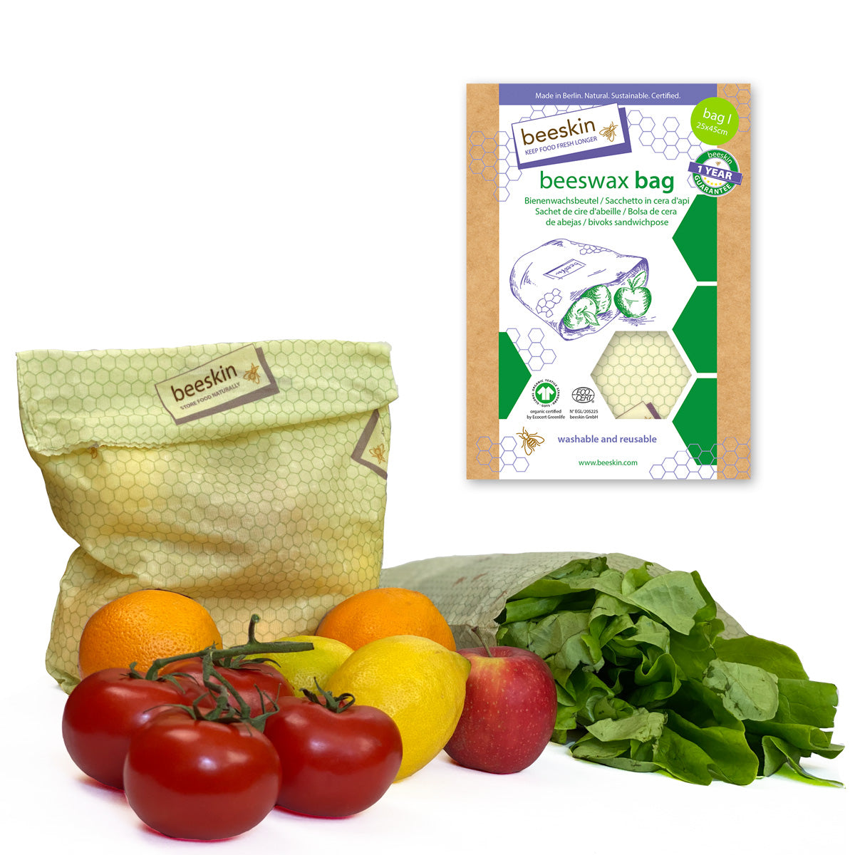 beeskin beeswax bag l closed with tomatoes, lemon, apple and salat, also the package
