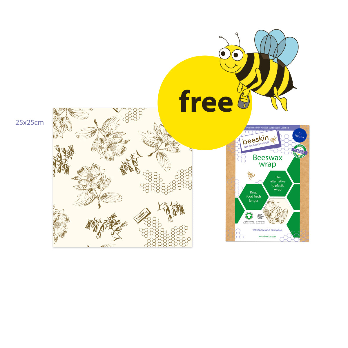 beeskin beeswax wrap flower design and a big yellow button free with a funny bee next to packaging