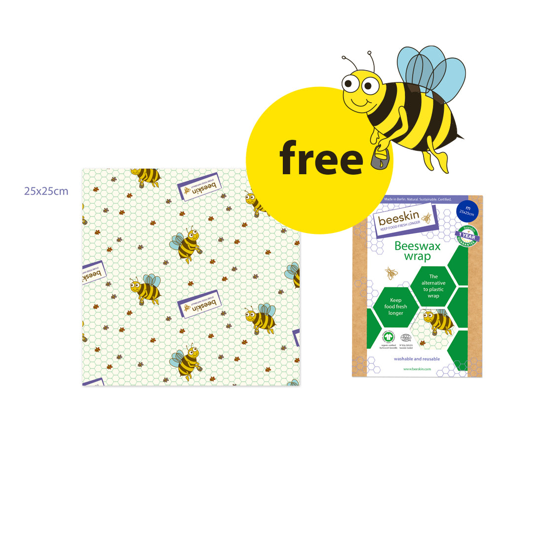 beeskin beeswax wrap with a big yellow button with free print and a funny bee