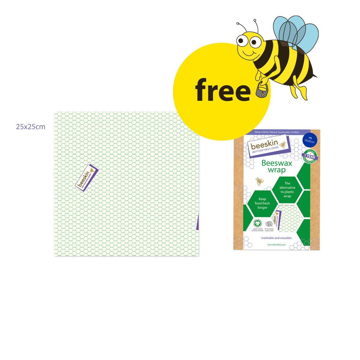 beeskin beeswax wrap standard honeycomb design and a big yellow button free with a funny bee next to packaging