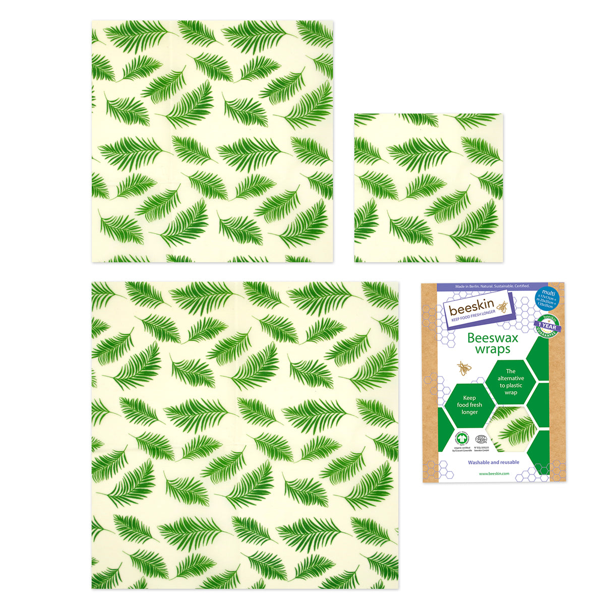 beeskin beeswax wrap multi palm leaves next to packaging