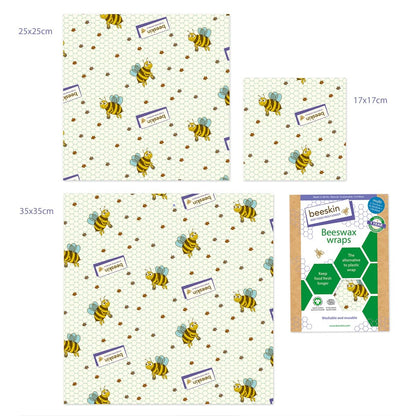 beeskin beeswax wrap multi little bee next to packaging