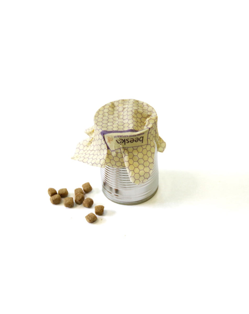 beeskin beeswax wrap size s for a can of dog food