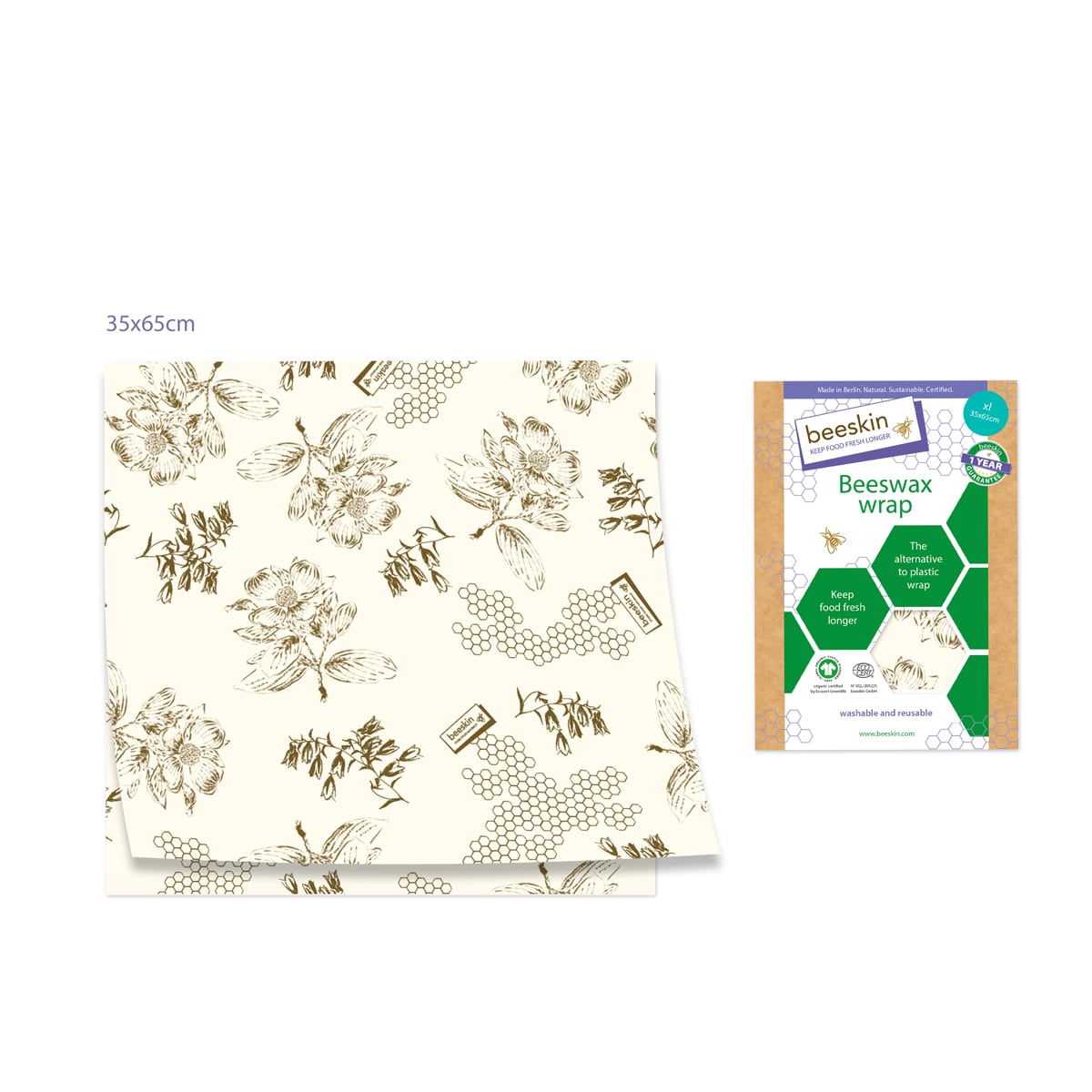 beeskin beeswax wrap xl flower next to packaging
