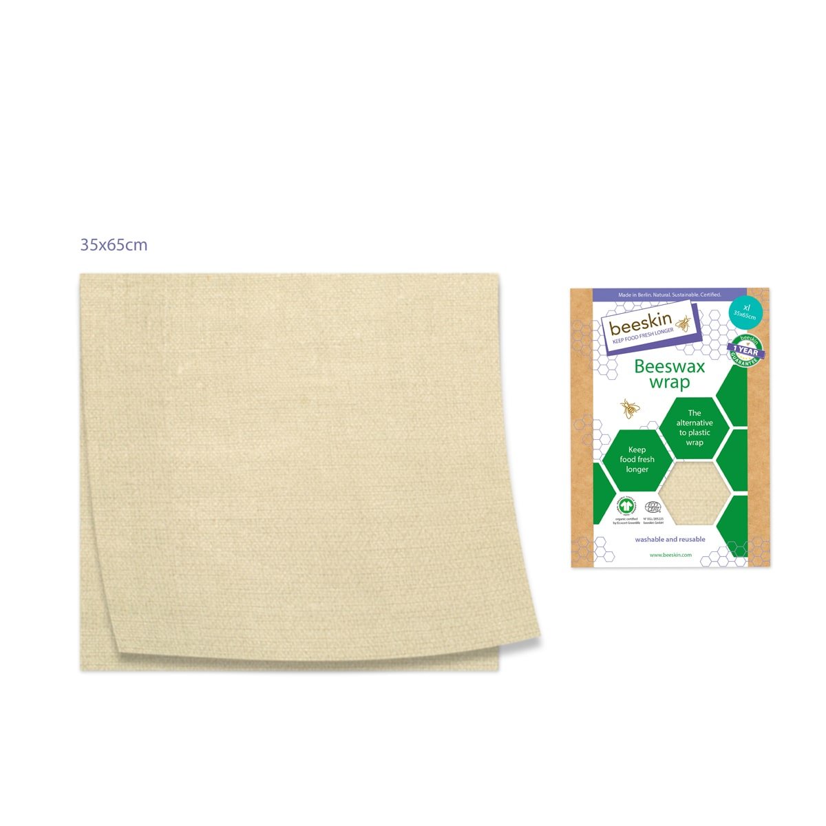 beeskin beeswax wrap xl  natural next to packaging