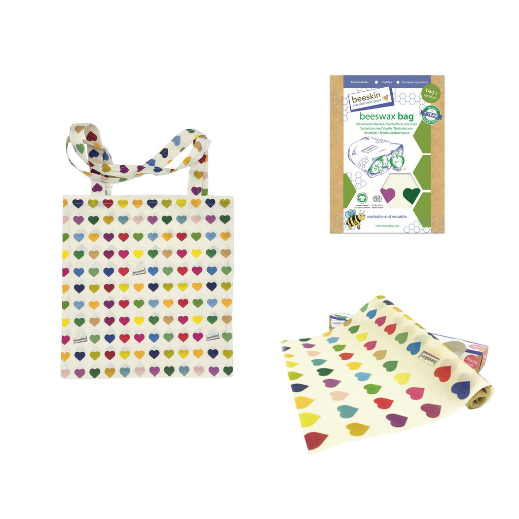 beeskin shopping bundle showing cotton bag, beeswax roll and beeswax bag s colorful hearts