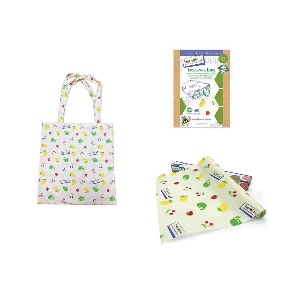 beeskin shopping bundle showing cotton bag, beeswax roll and beeswax bag s fruit design