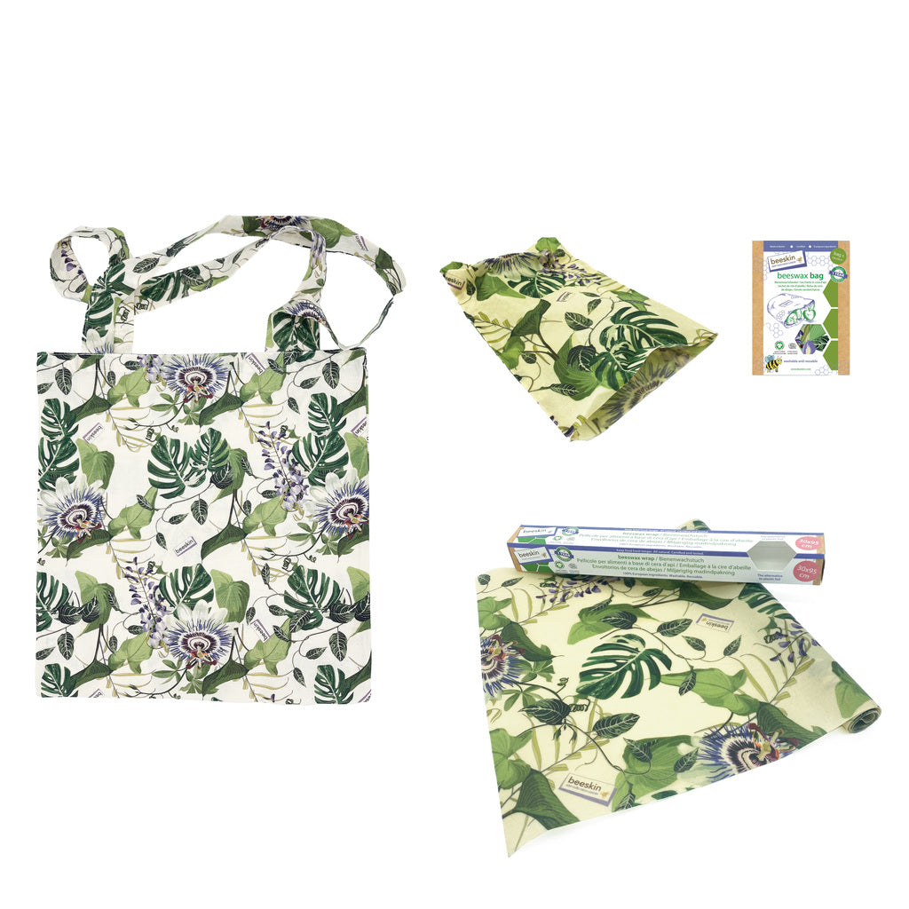 beeskin shopping bundle showing cotton bag, beeswax roll and beeswax bag s passionflower