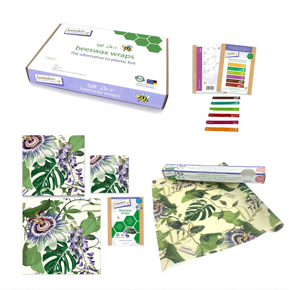 overview beeskin giftbox passionflower showing multi, roll and labels next to packaging