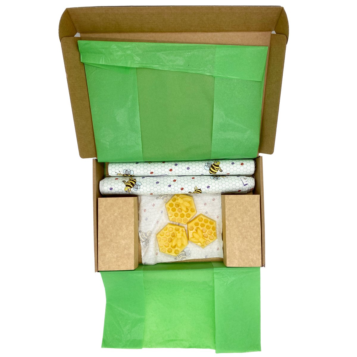beeskin DIY kit for beeswax wraps from above in the carton including fabric and repair sets 